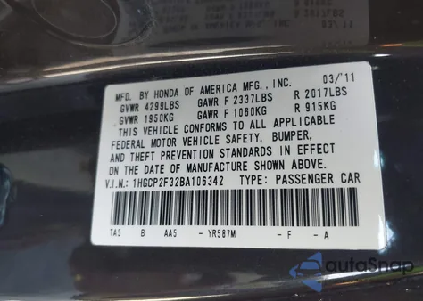 2011 Honda Accord 2.4 Lx from USA, damaged, VIN 1HGCP2F32BA106342